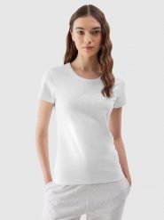 4F T-shirt slim z nadrukiem damski - biały S. Białe t-shirty damskie 4F, s, bez wzorów, z bawełny, bez kołnierzyka. W wyprzedaży za 39.99 zł.