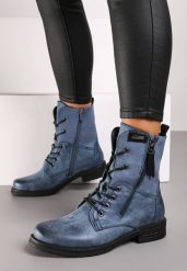 Niebieskie Botki za Kostkę z Wiązaniem Rahwa. Niebieskie botki damskie Born2be, z jeansu, eleganckie, za kostkę, bez obcasa, na obcasie, bez zapięcia. Za 149.99 zł.