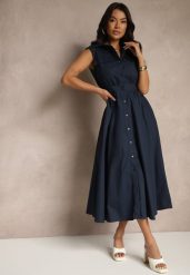 Granatowa Sukienka Koszulowa z Bawełny Ozdobiona Kieszonkami Saviette. Niebieskie sukienki damskie Renee, bez wzorów, z bawełny, eleganckie, bez ramiączek. W wyprzedaży za 127.99 zł.