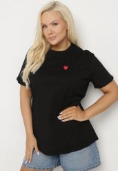 Czarny Bawełniany T-shirt Ozdobiony Sercem Tolianee. Czarne t-shirty damskie Born2be, l, bez wzorów, z bawełny, bez kołnierzyka. Za 49.99 zł.