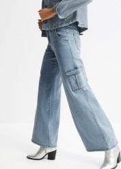 Dżinsy bojówki mid waist, Wide Leg. Niebieskie jeansy damskie bonprix. Za 99.99 zł.