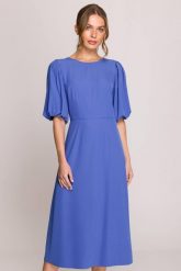 Elegancka sukienka koktajlowa z bufiastymi rękawami niebieska. Niebieskie sukienki damskie Stylove, bez wzorów, z elastanu, eleganckie, bez ramiączek. Za 439.00 zł.