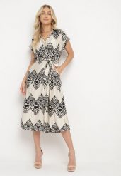 Beżowo-Czarna Taliowana Sukienka Boho z Wiskozą Wiązana w Talii Paskiem Losofia. Brązowe sukienki damskie Born2be, z aplikacjami, z wiskozy, boho, bez ramiączek. W wyprzedaży za 110.49 zł.