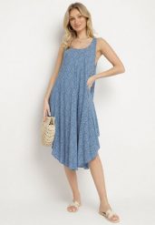 Niebieska Rozkloszowana Sukienka z Bawełny w Abstrakcyjny Wzór Ronive. Niebieskie sukienki damskie Born2be, bez wzorów, z bawełny, eleganckie, bez ramiączek. Za 69.99 zł.