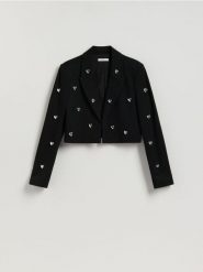 Marynarka z aplikacjami - czarny. Czarne marynarki i żakiety damskie Reserved, l, z aplikacjami, z dzianiny. Za 179.99 zł.