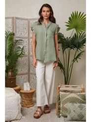 Lin Passion Lniana koszulka w kolorze zielonym rozmiar: 38/40. Zielone bluzki damskie Lin Passion, bez wzorów, ze lnu, klasyczne, bez kołnierzyka, bez ramiączek. Za 121.99 zł.