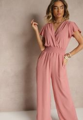 Różowy Kombinezon o Kopertowym Kroju z Gumką w Talii Martalia. Czerwone sukienki damskie Renee, bez wzorów, eleganckie, bez ramiączek. W wyprzedaży za 55.99 zł.