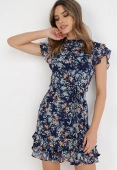 Granatowa Sukienka Corite. Niebieskie sukienki damskie Born2be, z aplikacjami, z tkaniny, bez ramiączek. Za 169.99 zł.