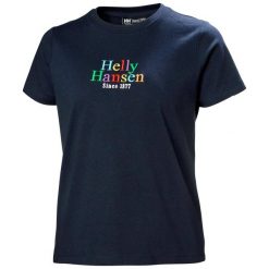 Koszulka sportowa damska Helly Hansen Core Graphic. Niebieskie koszulki sportowe damskie Helly Hansen, bez wzorów, z bawełny, bez ramiączek, trekkingowe. Za 252.00 zł.