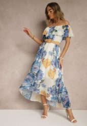 Niebieska Sukienka Hiszpanka z Kwiatowym Wzorem i Plecionym Paskiem Sadeene. Niebieskie sukienki damskie Renee, bez wzorów, eleganckie, bez ramiączek. W wyprzedaży za 107.99 zł.