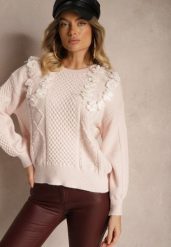 Różowy Klasyczny Sweter z Ozdobnymi Kwiatowymi Aplikacjami i Perełkami Leanwenna. Czerwone swetry klasyczne damskie Renee, z jeansu, bez kołnierzyka. Za 149.99 zł.