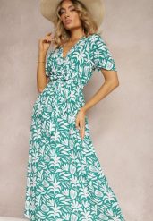 Zielona Wiskozowa Sukienka z Kopertowym Dekoltem z Gumką w Pasie i Materiałowym Dekoltem Gilemia. Zielone sukienki damskie Renee, bez wzorów, z jeansu, eleganckie, bez ramiączek. W wyprzedaży za 41.99 zł.