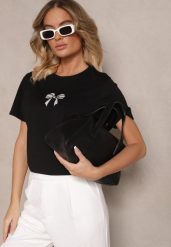 Czarna Bluzka z Bawełny z Motywem Kokardki Norimar. Czarne bluzki damskie Renee, l, bez wzorów, z bawełny, eleganckie, bez kołnierzyka, bez ramiączek. Za 44.99 zł.
