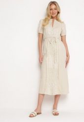 Jasnobeżowa Sukienka Rozkloszowana z Bawełny Wiązana w Talii Ozdobiona Koronką Mleiana. Brązowe sukienki damskie Born2be, bez wzorów, z bawełny, eleganckie, bez ramiączek. Za 219.99 zł.