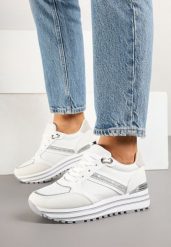 Białe Sneakersy na Niskiej Platformie z Brokatem i Metaliczną Wstawką Fennena. Białe obuwie sportowe damskie Renee, na lato, z jeansu, bez zapięcia. Za 74.99 zł.