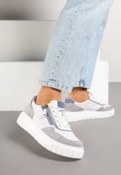 Biało-Szare Skórzane Sneakersy w Streetwearowym Stylu Zdobione Suwakiem Elearessa. Białe obuwie sportowe damskie Born2be, na jesień, z jeansu, bez zapięcia. Za 179.99 zł.