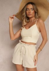 Beżowe Szorty High Waist ze Sznurkiem Olnelia. Brązowe szorty damskie Renee, bez wzorów, z podwyższonym stanem. Za 34.99 zł.