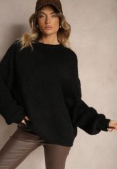 Czarny Klasyczny Sweter z Wełną i Wiskozą o Luźnym Kroju Omethea. Czarne swetry klasyczne damskie Renee, z jeansu, bez kołnierzyka. Za 179.99 zł.