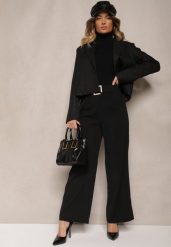 Czarne Szerokie Spodnie Garniturowe z Wiskozą High Waist z Paskiem z Klamrą Enarela. Czarne spodnie materiałowe damskie Renee, bez wzorów, z jeansu. Za 99.99 zł.