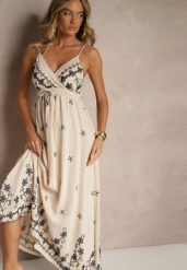 Jasnobeżowa Wiskozowa Sukienka z Kopertowym Dekoltem i Haftami Sarondra. Brązowe sukienki damskie Renee, bez wzorów, z wiskozy, eleganckie, bez ramiączek. W wyprzedaży za 99.99 zł.