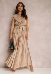 Beżowy Kombinezon Plisowany Hyrmane. Brązowe sukienki damskie Renee, bez wzorów, eleganckie, bez ramiączek. W wyprzedaży za 167.99 zł.