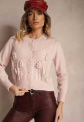 Różowy Wiskozowy Kardigan z Guzikami Perełkami Brokatem Tłoczeniem i Kuleczkami Harirani. Czerwone kardigany damskie Renee, bez wzorów, z jeansu. Za 159.99 zł.