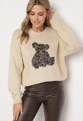 Beżowy Sweter z Wiskozy Ozdobiony Misiem i Cekinami Lilimi. Brązowe swetry klasyczne damskie Born2be, l, z jeansu, bez kołnierzyka. Za 129.99 zł.