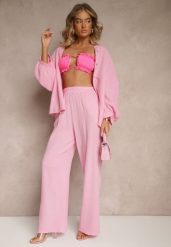 Różowy Bawełniany Komplet Muślinowy Oversize z Koszulą i Szerokimi Spodniami Ziorina. Czerwone koszule damskie Renee, z aplikacjami, z bawełny, eleganckie, bez kołnierzyka, bez ramiączek. Za 149.99 zł.