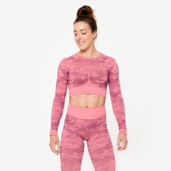 Koszulka fitness damska Domyos długi rękaw. Szare koszulki damskie DOMYOS, xl, bez wzorów, z elastanu, bez kołnierzyka, bez ramiączek. Za 99.99 zł.