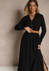 Czarna Wiskozowa Sukienka o Rozkloszowanym Kroju z Paskiem i Rozcięciem Reirissa. Czarne sukienki damskie Renee, bez wzorów, z wiskozy, eleganckie, bez ramiączek. W wyprzedaży za 111.99 zł.