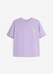 T-shirt oversize z czystej bawełny organicznej. Fioletowe skarpety i rajstopy dziewczęce bonprix, bez wzorów, z bawełny. Za 39.99 zł.
