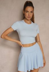 Jasnoniebieski Dopasowany T-shirt z Wiskozą o Kroju Crop Top Folaviela. Niebieskie t-shirty damskie Renee, m, bez wzorów, z jeansu, bez kołnierzyka. Za 39.99 zł.
