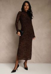 Brązowa Sukienka z Domieszką Wiskozy Ozdobiona Welurowym Nadrukiem Vetionne. Brązowe sukienki damskie Renee, bez wzorów, z weluru, eleganckie, bez ramiączek. Za 159.99 zł.