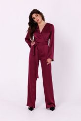 Satynowy Kombinezon z Kopertowym Dekoltem - Bordowy. Czerwone kombinezony damskie MOE, l, bez wzorów, z elastanu, eleganckie, bez kołnierzyka, bez ramiączek. Za 374.90 zł.