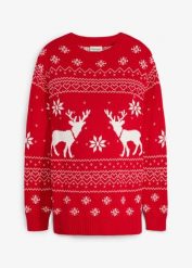 Sweter ciążowy na okres ciąży i po nim, z czystej bawełny organicznej. Czerwone swetry klasyczne damskie bonprix, z bawełny, bez kołnierzyka, moda ciążowa. Za 149.99 zł.