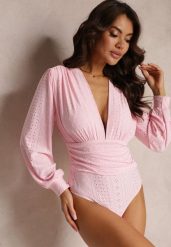 Różowe Haftowane Body z Długim Rękawem Corynne. Czerwone body i gorsety Renee, bez wzorów, z dzianiny. Za 89.99 zł.