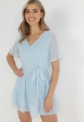 Niebieska Sukienka Acalopei. Niebieskie sukienki damskie Born2be, bez wzorów, z materiału, bez ramiączek. Za 189.99 zł.