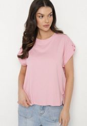 Różowy T-shirt z Bawełny Ozdobiony Rozcięciami przy Rękawach Katirna. Czerwone t-shirty damskie Born2be, bez wzorów, z bawełny, bez kołnierzyka. Za 59.99 zł.