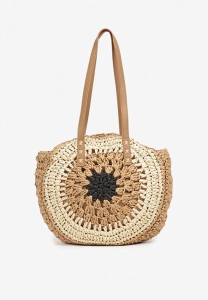 Czarno-Beżowa Okrągła Torebka z Plecionki Galenella. Czarne torebki klasyczne damskie Born2be, bez dodatków. Za 89.99 zł.