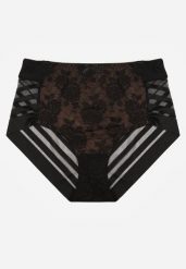 Czarno-Beżowe Majtki Figi z Wysokim Stanem Zdobione Koronką i Siateczką Helieth. Czarne figi Born2be, z aplikacjami, z koronki. Za 19.99 zł.