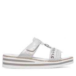 Klapki Rieker. Szare klapki damskie Rieker, bez wzorów, bez obcasa, bez zapięcia. Za 299.99 zł.