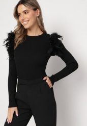 Czarny Sweter z Piórami i Koralikami Feco. Czarne swetry klasyczne damskie Born2be, z dzianiny, bez kołnierzyka. Za 89.99 zł.