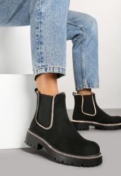Czarne Botki na Platformie w Stylu Sztybletów Ozdobione Cyrkoniami Asintelia. Czarne botki damskie Renee, z jeansu, eleganckie, bez obcasa, na platformie, bez zapięcia. Za 149.99 zł.