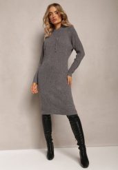 Ciemnoszara Wełniana Sukienka w Prążki z Kapturem Opiuda. Szare sukienki damskie Renee, bez wzorów, z wełny, eleganckie, bez ramiączek. W wyprzedaży za 95.99 zł.