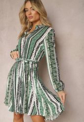 Zielona Wiskozowa Sukienka Koszulowa z Paskiem w Talii Rozkloszowana Urdiasa. Zielone sukienki damskie Renee, bez wzorów, z wiskozy, eleganckie, bez ramiączek. W wyprzedaży za 63.99 zł.
