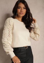 Beżowy Sweter z Wiskozą z Ozdobnymi Rękawami z Koronki z Cekinami Tilitana. Brązowe swetry klasyczne damskie Renee, z jeansu, bez kołnierzyka. Za 129.99 zł.
