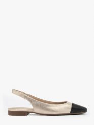 Platynowe baleriny typu slingback z czarnym noskiem SALMA. Szare balerinki damskie Ryłko, bez wzorów, z gumy, z okrągłym noskiem. W wyprzedaży za 239.99 zł.
