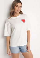 Jasnobeżowy Bawełniany T-shirt z Motywem Serca Liorlie. Brązowe t-shirty damskie Born2be, bez wzorów, z bawełny, bez kołnierzyka. Za 74.99 zł.