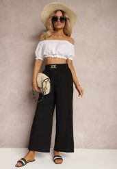 Czarne Spodnie z Szerokimi Nogawkami w Stylu Palazzo High Waist z Gumką w Pasie z Ozdobnym Elementem Ellsiana. Czarne spodnie materiałowe damskie Renee, bez wzorów, z bawełny. Za 44.99 zł.