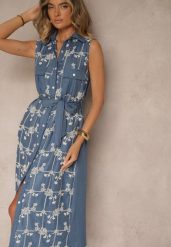 Niebieska Sukienka Koszulowa z Wiązanym Paskiem i Haftowanym Zdobieniem Malenea. Niebieskie sukienki damskie Renee, z aplikacjami, z jeansu, eleganckie, bez ramiączek. Za 119.99 zł.
